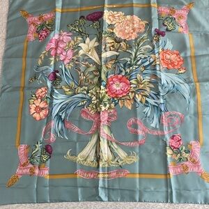 Hermes Paris " Regina" 90 cm Silk Scarf with Floral & Ribbon Design